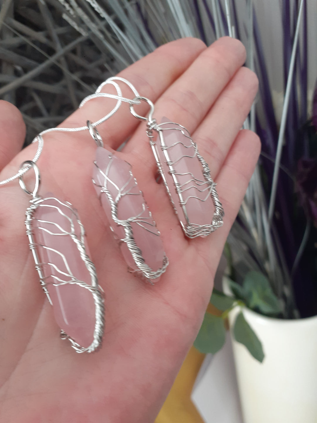 Charged Natural Rose Quartz Point Pendant, Wire Wrapped With 20" Stainless Steel Chain